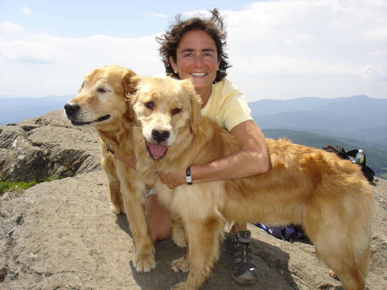 Woman with 2 Golden Retrievers on a mountaintop
