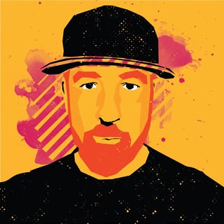 Illustration of a person wearing a black cap with abstract designs on a yellow background