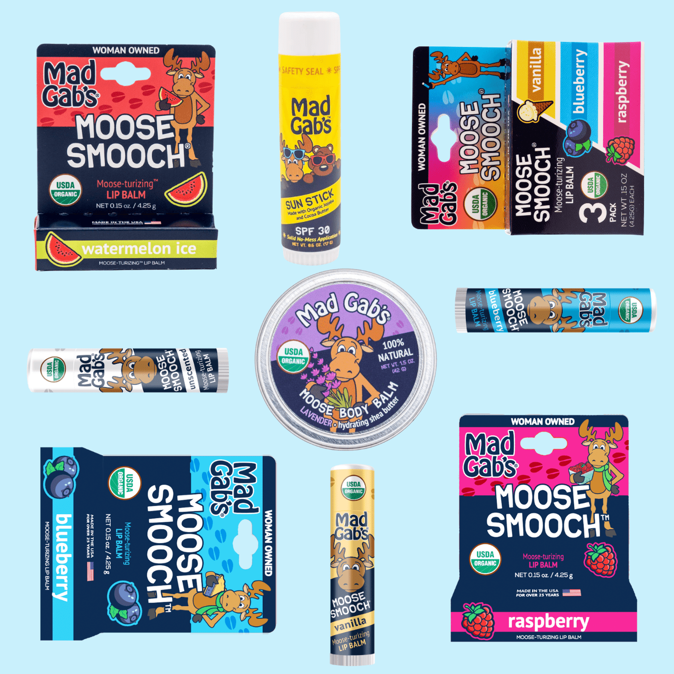 Moose Smooch collage of skincare products