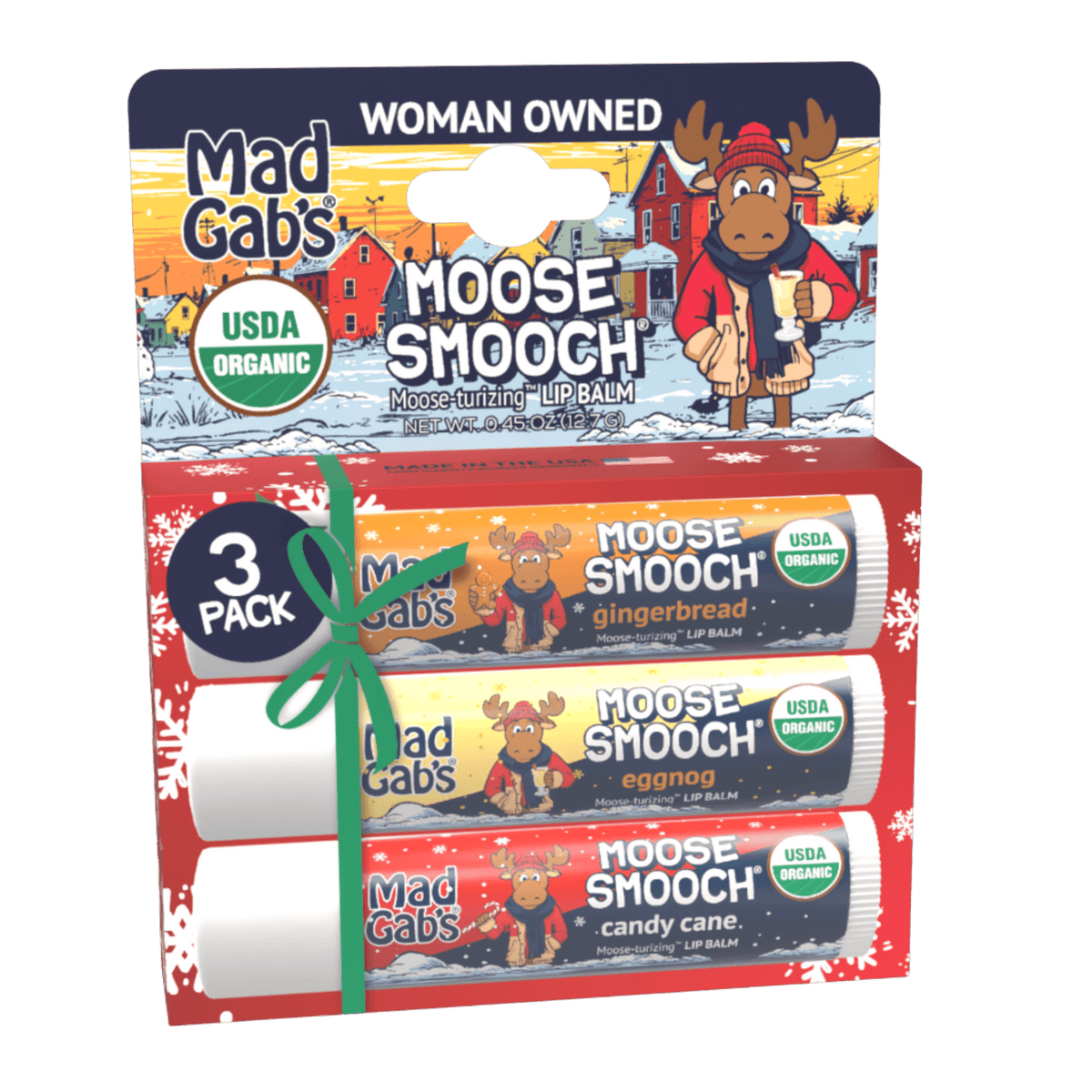 Holiday Lip Balm 3-Pack – Candy Cane, Gingerbread & Eggnog Moose Smooch