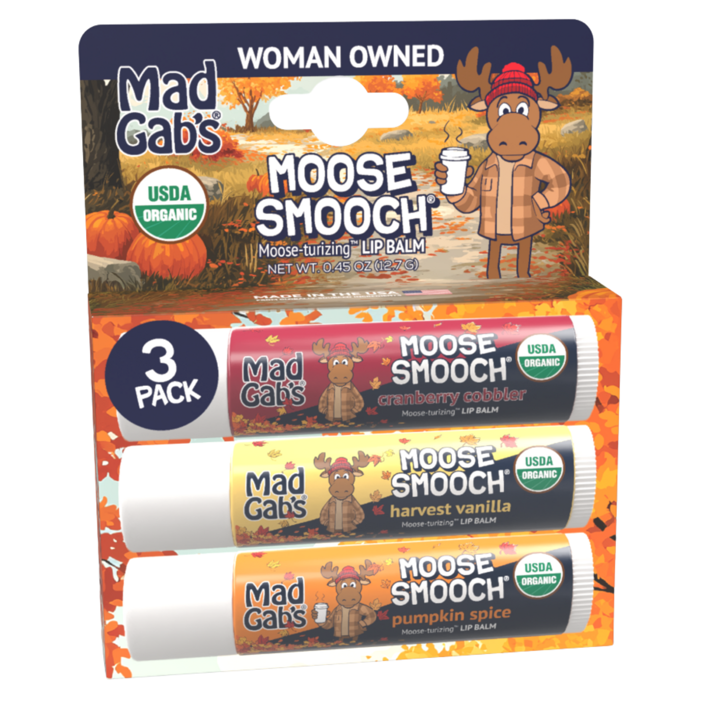 3pk Fall Moose Smooch Lip Balm Assorted Pack - Cranberry Cobbler, Harvest Vanilla, Pumpkin Spice