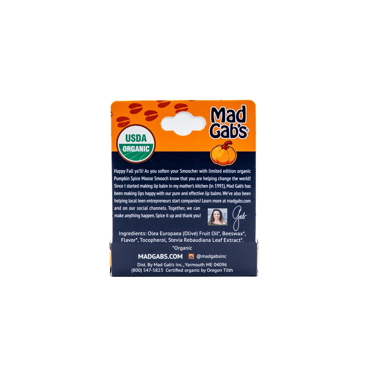 Photo of back of Mad Gab's Pumpkin Spice Lip Balm box