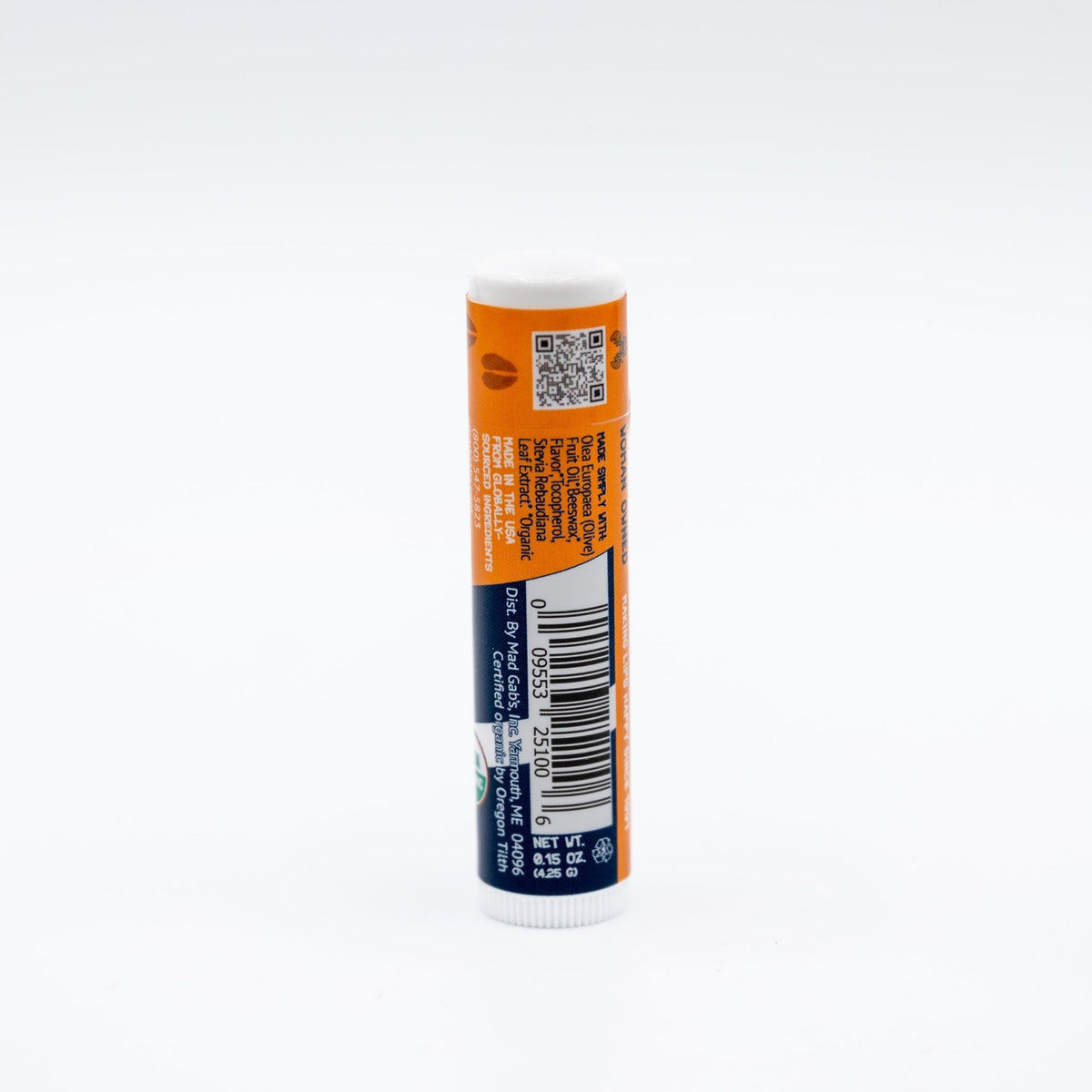 Back of tube of Mad Gab's pumpkin spice lip balm on white background