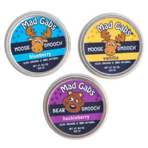 Mad Gab's Moose and Bear Smooch Tins in Blueberry, Vanilla and Huckleberry flavors hydrating lip balm tins for your pocket that actually work